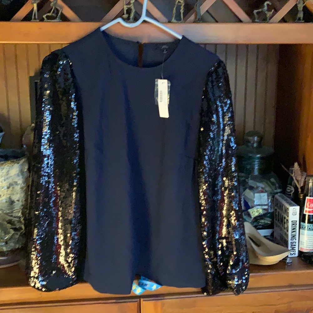 J Crew sequin arm blouse. Great for New Year’s Eve. .‎ Brand new and fantastic.